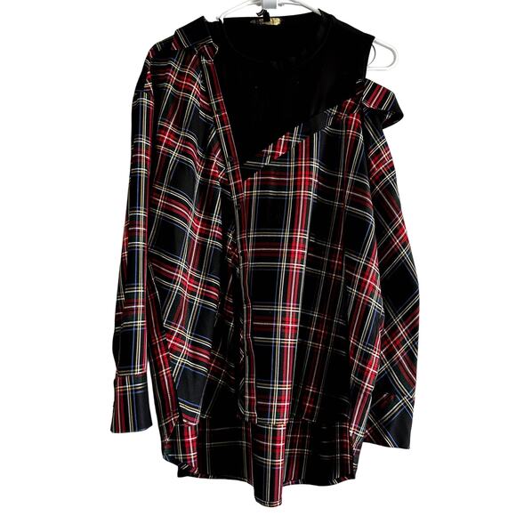 Maje Layered Plaid Twill And Stretch-cotton Jersey Top In Checked Red Black 1 S - Picture 2 of 5